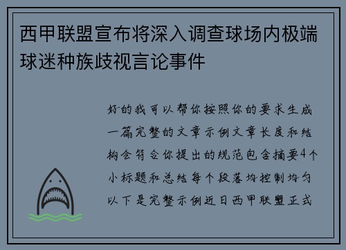 西甲联盟宣布将深入调查球场内极端球迷种族歧视言论事件